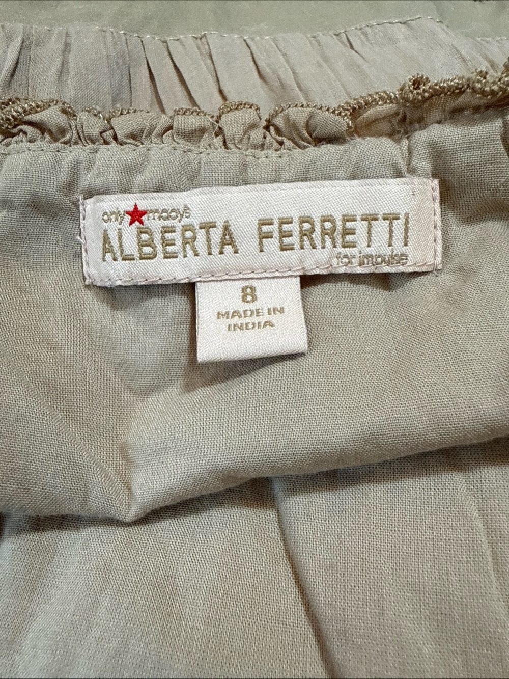 ALBERTA FERRETTI Cotton Tiered Maxi Dress Taupe Empire Waist Sz 8 Lined Flowy - Picture 3 of 9